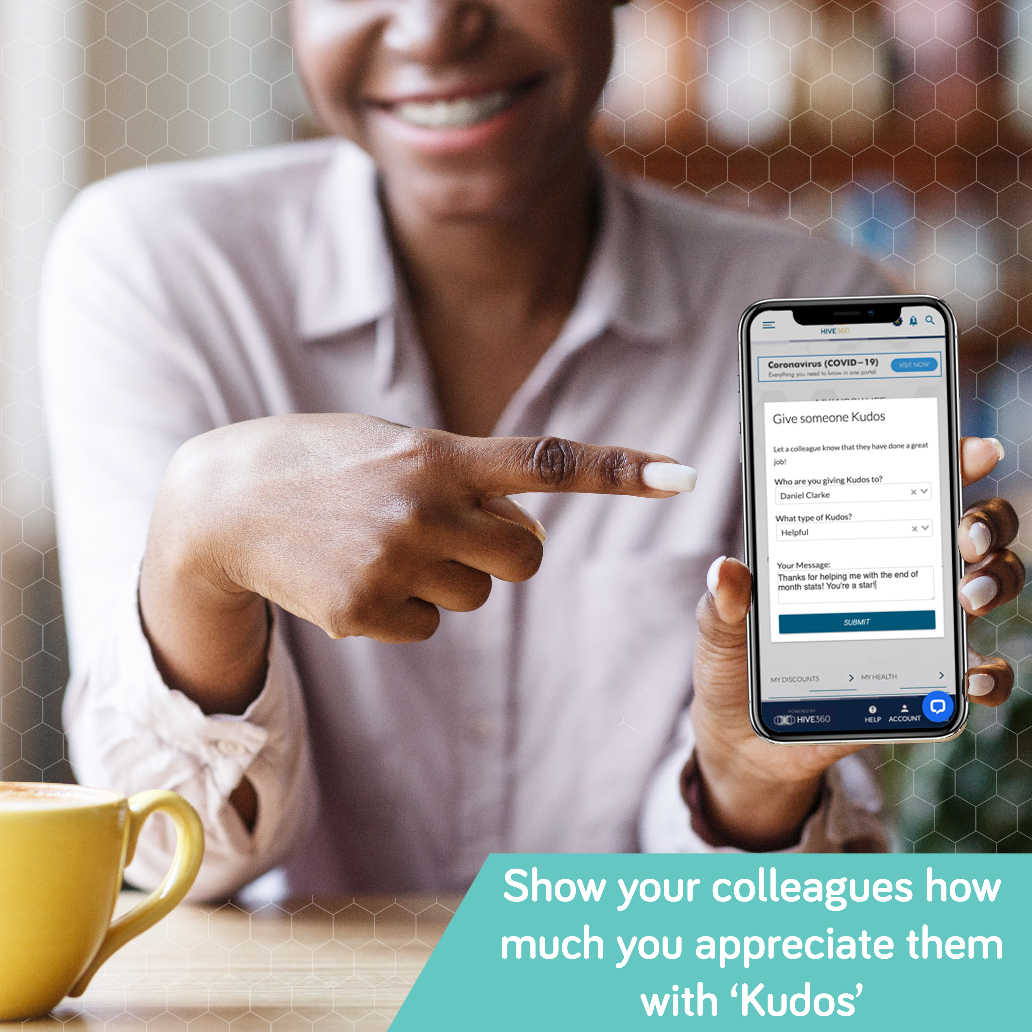 Closeup view of black girl pointing at empty mobile phone screen with space for your design at city cafe Employee Recognition