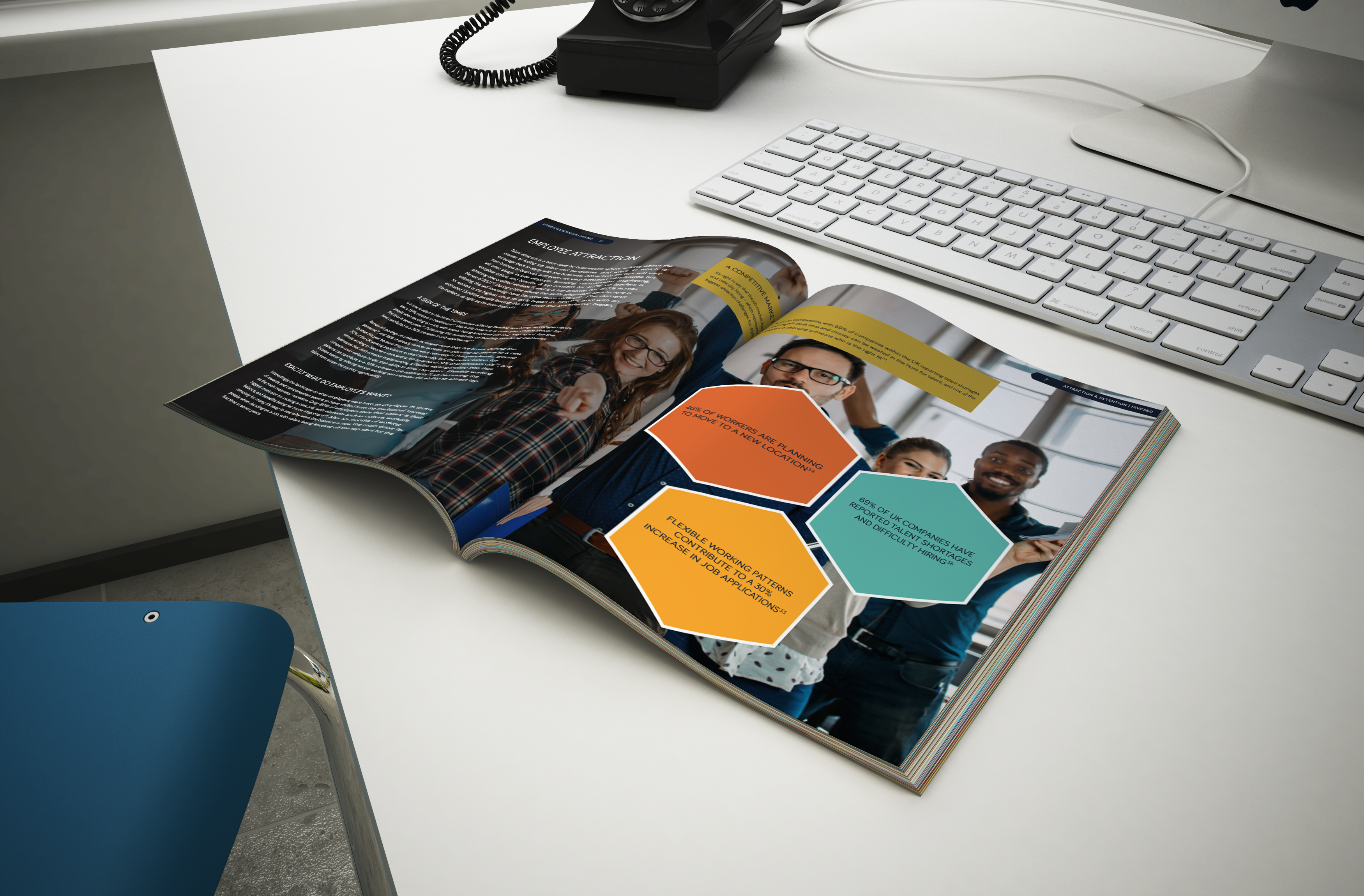 attract,. retain & engage e-book on desk