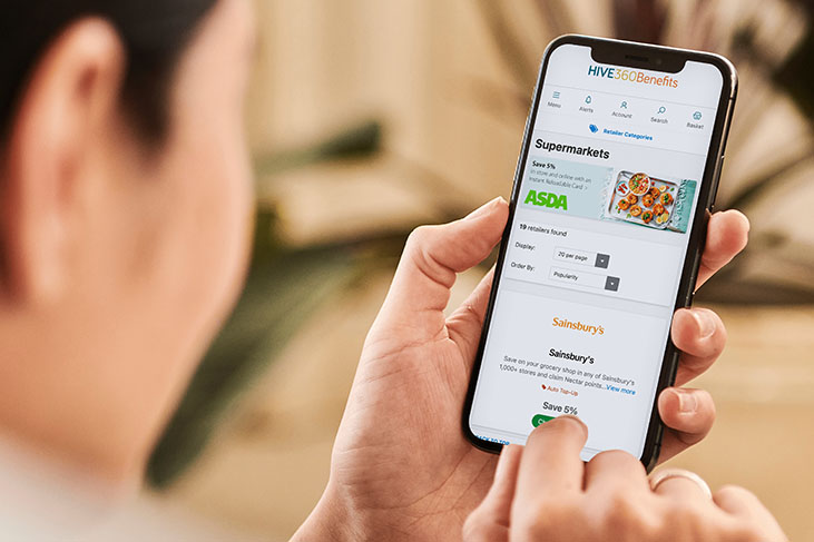 A picture of HIVE360 Benefits App showing supermarket discounts