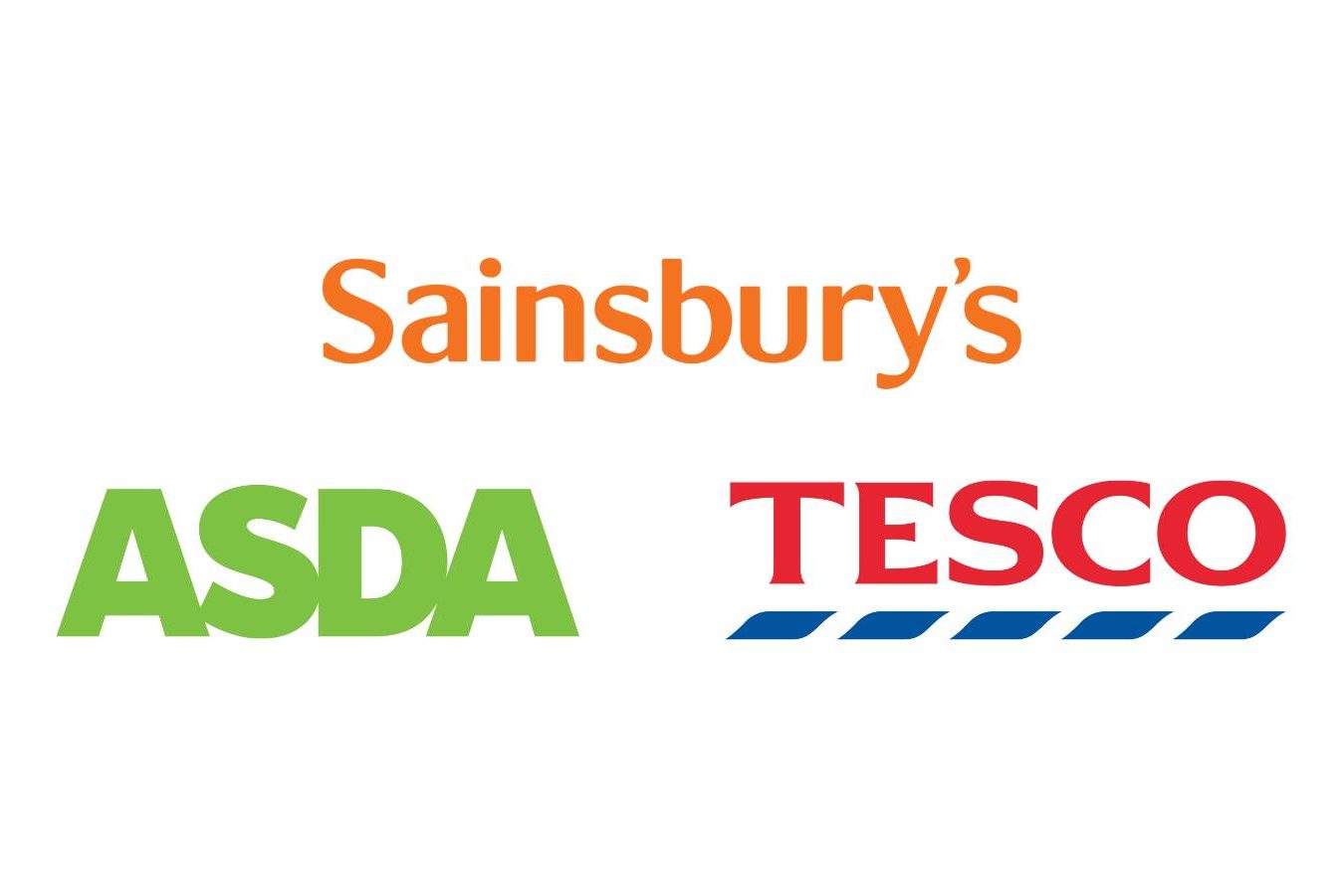 Image of the supermarket brands: Asda, Sainsbury's and Tesco